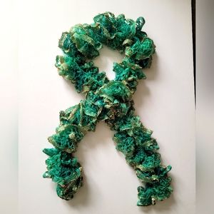 Handmade Ruffle Sashay Green and Gold Scarf 46in